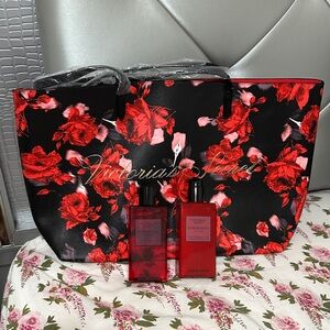 Victoria's Secret Black and Red Floral Tote with Bombshell Intense Set